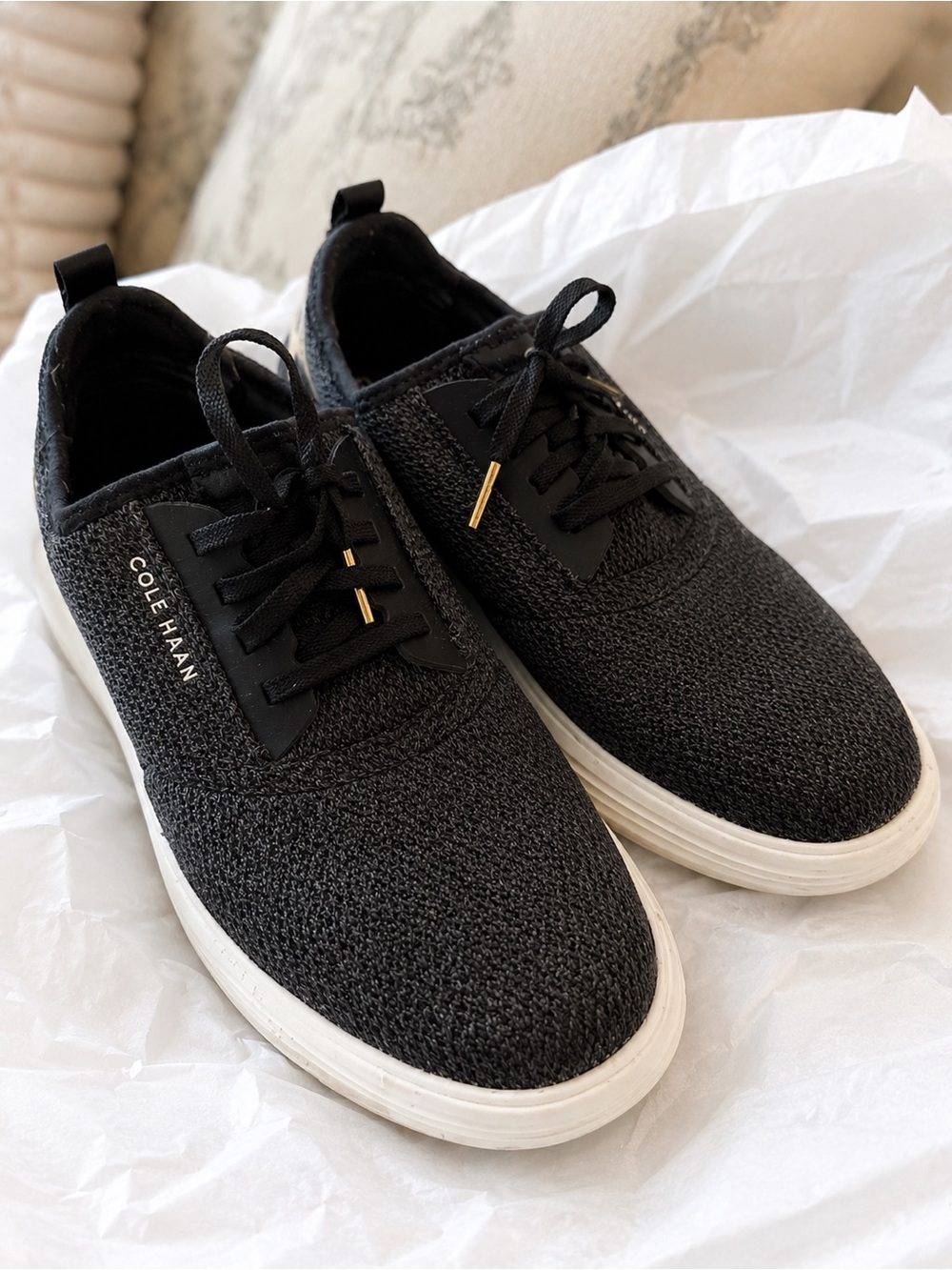 Cole Haan Women’s Black Knit Sneakers with White Soles